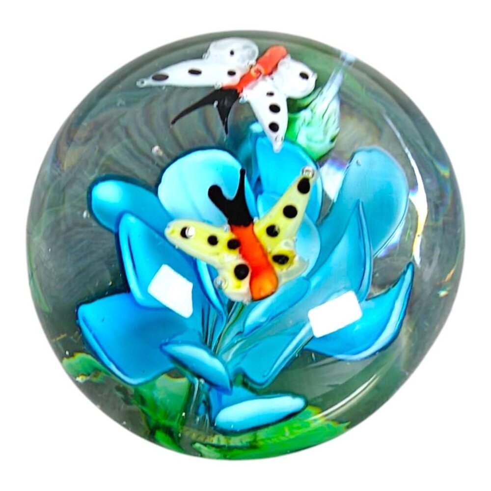 Vintage Handcrafted Glass Paperweight Blue Flower Colorful Butterflies 2.5"